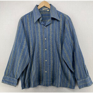 DURABLE PRESS Shirt Womens L Floral Striped Printed Button Down Woven Blue Vtg